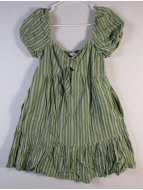 Speechless Women Striped Peplum Hem Mini Dress Short Puffed Sleeve Size S Green